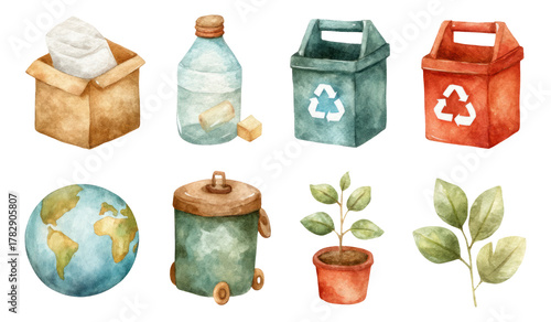 Watercolor Illustrations of Recycling Objects and Earth Elements on Transparent Background