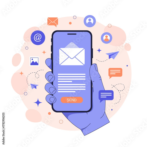 Illustration of a hand holding a smartphone with email icons and messages around, symbolizing mobile communication, digital marketing, and online connectivity in modern technology.