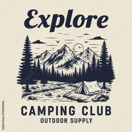 Vintage camping club design featuring mountains, forest, river, and tent. Perfect for outdoor adventure, hiking, exploration, and wilderness travel enthusiasts. Ideal for t-shirt and logo design.
