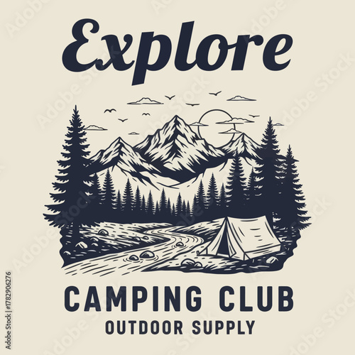 Vintage camping club design featuring mountains, forest, river, and tent. Perfect for outdoor adventure, hiking, exploration, and wilderness travel enthusiasts. Ideal for t-shirt and logo design.