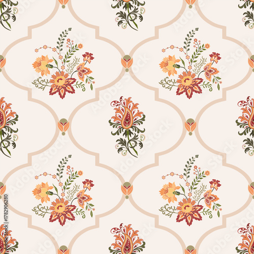 Vector Hand drawn colourful geometric flowers Motifs African boho paisley, seamless patterns with floral for fabric Ethnic Indian Pattern, textiles, clothing, wrapping paper, backdrop, banner.
