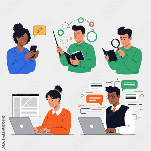 Teamwork and communication concept illustration showing diverse people working, chatting, and researching online with laptops and books. Perfect for business, education, and productivity themes.