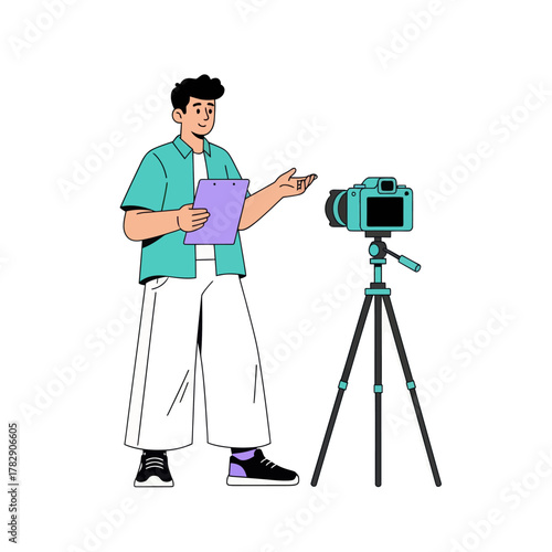 Illustration of a man holding a clipboard explaining in front of a camera on a tripod. Perfect for video production, content creation, tutorial, or media presentation concepts.
