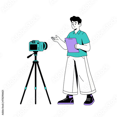 Illustration of a man holding a clipboard explaining in front of a camera on a tripod. Perfect for video production, content creation, tutorial, or media presentation concepts.