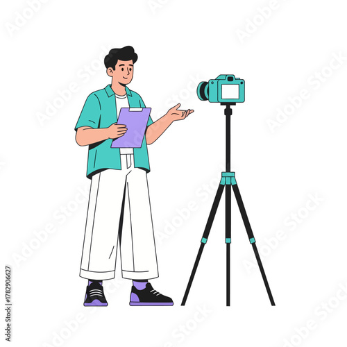 Illustration of a man holding a clipboard explaining in front of a camera on a tripod. Perfect for video production, content creation, tutorial, or media presentation concepts.