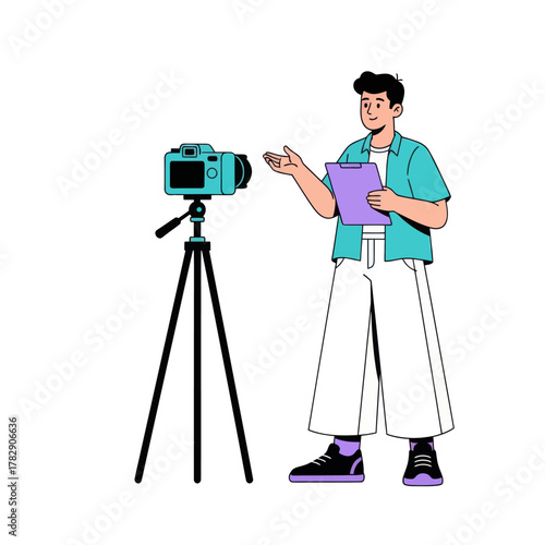 Illustration of a man holding a clipboard explaining in front of a camera on a tripod. Perfect for video production, content creation, tutorial, or media presentation concepts.