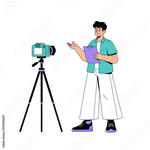 Illustration of a man holding a clipboard explaining in front of a camera on a tripod. Perfect for video production, content creation, tutorial, or media presentation concepts.