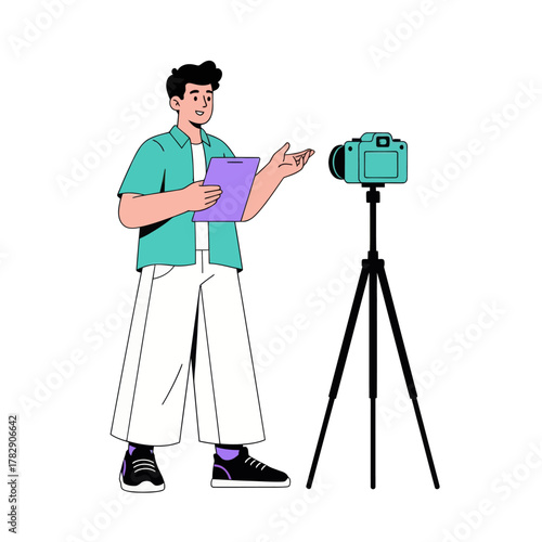 Illustration of a man holding a clipboard explaining in front of a camera on a tripod. Perfect for video production, content creation, tutorial, or media presentation concepts.