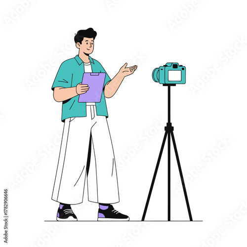 Illustration of a man holding a clipboard explaining in front of a camera on a tripod. Perfect for video production, content creation, tutorial, or media presentation concepts.