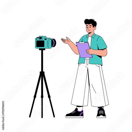 Illustration of a man holding a clipboard explaining in front of a camera on a tripod. Perfect for video production, content creation, tutorial, or media presentation concepts.