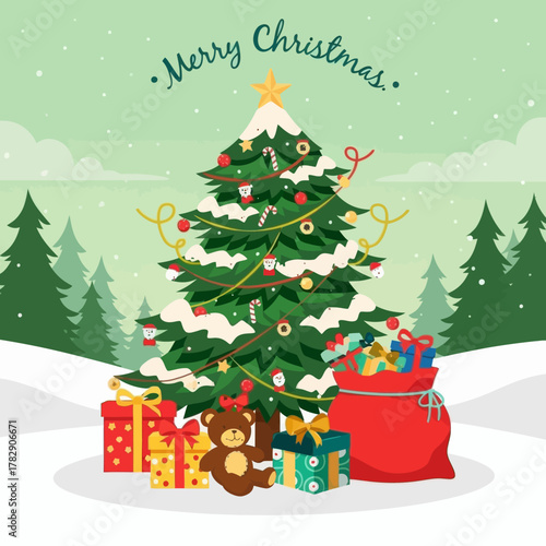 Beautiful Christmas tree decorated with ornaments, gifts, and toys in snowy landscape. Perfect festive illustration for holiday cards, banners, and winter celebration designs.