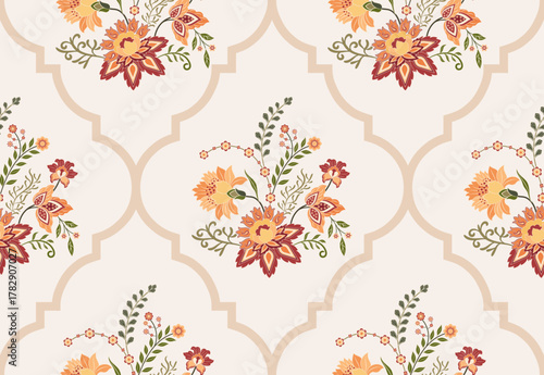 Vector Hand drawn colourful geometric flowers Motifs African boho paisley, seamless patterns with floral for fabric Ethnic Indian Pattern, textiles, clothing, wrapping paper, backdrop, banner.
