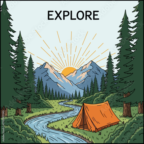 Adventure camping landscape illustration with river, mountains, sunrise, and forest. Inspiring outdoor travel concept promoting nature exploration and wilderness adventure lifestyle.