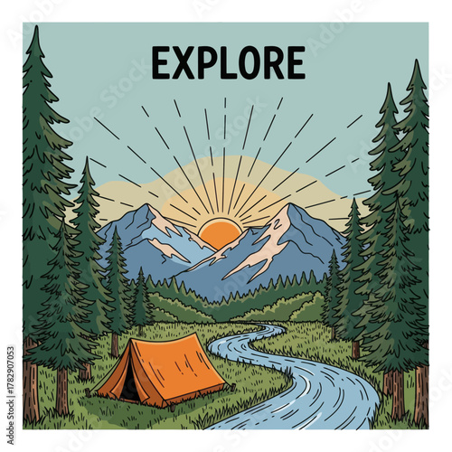 Adventure camping landscape illustration with river, mountains, sunrise, and forest. Inspiring outdoor travel concept promoting nature exploration and wilderness adventure lifestyle.