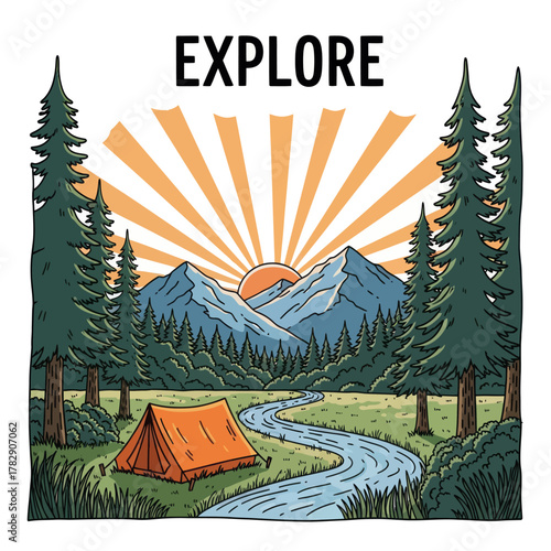 Adventure camping landscape illustration with river, mountains, sunrise, and forest. Inspiring outdoor travel concept promoting nature exploration and wilderness adventure lifestyle.