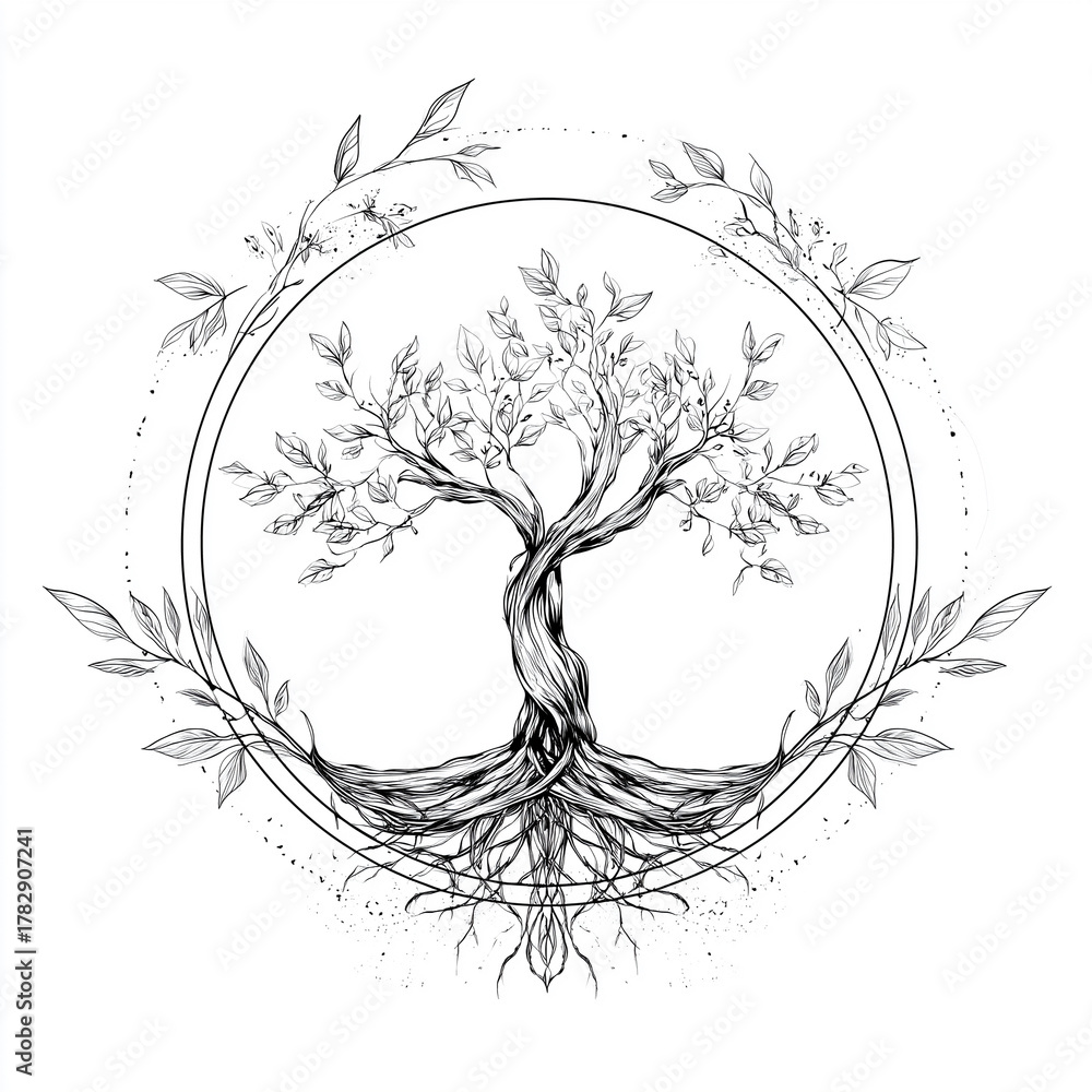 Obraz premium Baum des Lebens mit Sonne und Mond – spirituelle Line-Art Illustration als Symbol für Balance und Energie