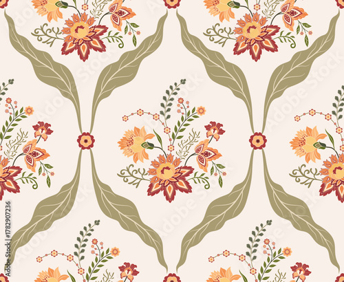 Vector Hand drawn colourful geometric flowers Motifs African boho paisley, seamless patterns with floral for fabric Ethnic Indian Pattern, textiles, clothing, wrapping paper, backdrop, banner.
