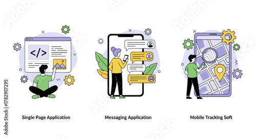 Flat illustration of mobile and web applications, including coding, messaging, and GPS tracking. Perfect for technology, app development, and digital communication themes.