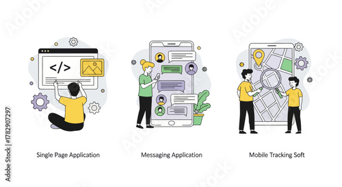 Flat illustration of mobile and web applications, including coding, messaging, and GPS tracking. Perfect for technology, app development, and digital communication themes.