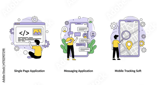 Flat illustration of mobile and web applications, including coding, messaging, and GPS tracking. Perfect for technology, app development, and digital communication themes.