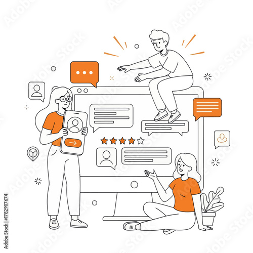 Modern line illustration of people giving online reviews and communication via messages on computer screen. Perfect for feedback, marketing, teamwork, and digital interaction concepts.