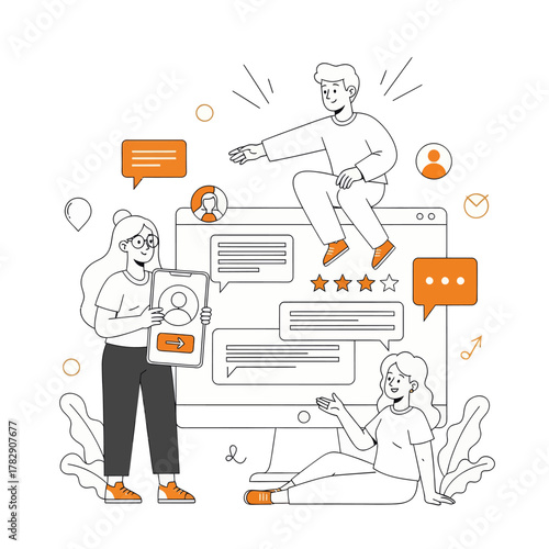 Modern line illustration of people giving online reviews and communication via messages on computer screen. Perfect for feedback, marketing, teamwork, and digital interaction concepts.