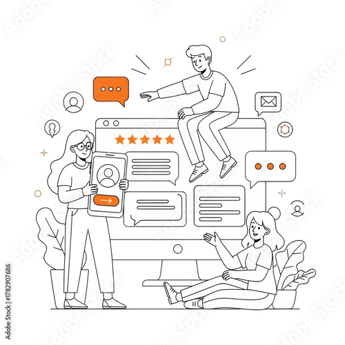 Modern line illustration of people giving online reviews and communication via messages on computer screen. Perfect for feedback, marketing, teamwork, and digital interaction concepts.