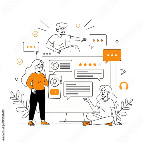 Modern line illustration of people giving online reviews and communication via messages on computer screen. Perfect for feedback, marketing, teamwork, and digital interaction concepts.