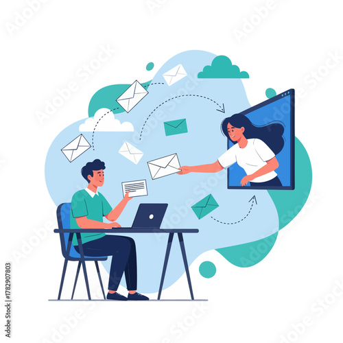 Flat illustration of email communication showing a man and woman exchanging messages online. Perfect for concepts like digital marketing, remote work, and online correspondence.