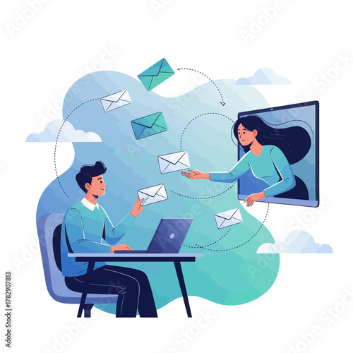 Flat illustration of email communication showing a man and woman exchanging messages online. Perfect for concepts like digital marketing, remote work, and online correspondence.