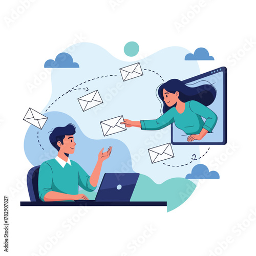 Flat illustration of email communication showing a man and woman exchanging messages online. Perfect for concepts like digital marketing, remote work, and online correspondence.