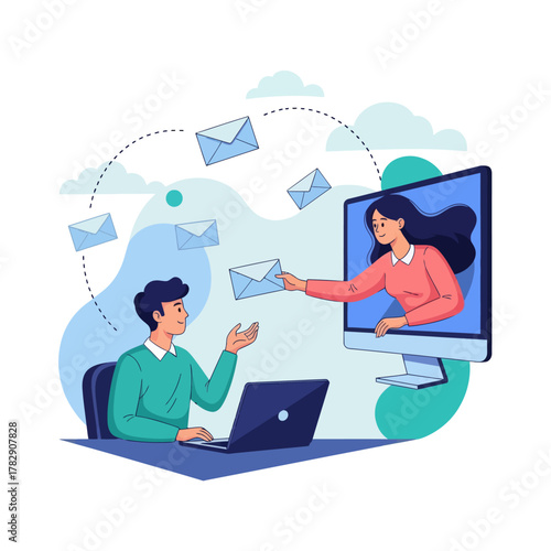 Flat illustration of email communication showing a man and woman exchanging messages online. Perfect for concepts like digital marketing, remote work, and online correspondence.