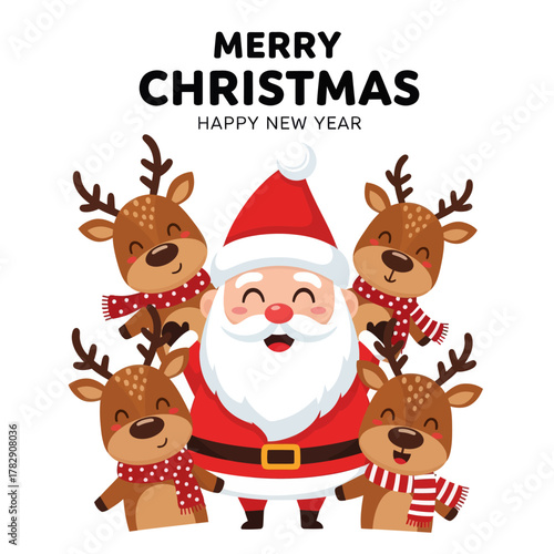 Cute Santa Claus with smiling reindeer celebrating Merry Christmas and Happy New Year. Festive cartoon illustration perfect for holiday cards, winter greetings, and seasonal decorations.