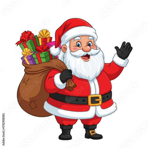 Cheerful Santa Claus cartoon holding a big sack full of colorful gifts. Festive Christmas illustration perfect for holiday, winter celebration, and seasonal design themes.