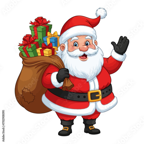 Cheerful Santa Claus cartoon holding a big sack full of colorful gifts. Festive Christmas illustration perfect for holiday, winter celebration, and seasonal design themes.
