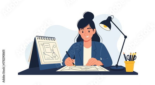 A creative young woman with dark hair in a bun, smiling as she draws at her desk under a lamp.