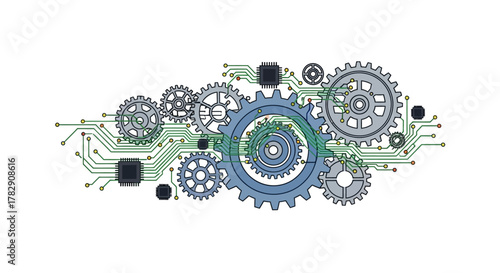 A conceptual illustration of mechanical gears and cogs integrated with a green electronic printed circuit board and microchips.