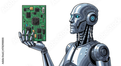 A detailed illustration of a metallic humanoid robot with glowing blue eyes holding a green circuit board.