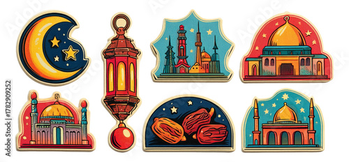 Colorful Art Illustrations of Islamic Architecture and Cultural Symbols Isolated