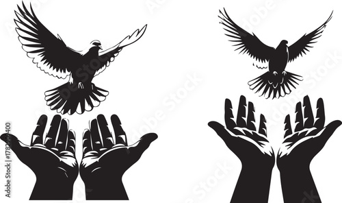 Hands releasing birds in flight – bold black and white silhouette icons of freedom, peace, and emotional release