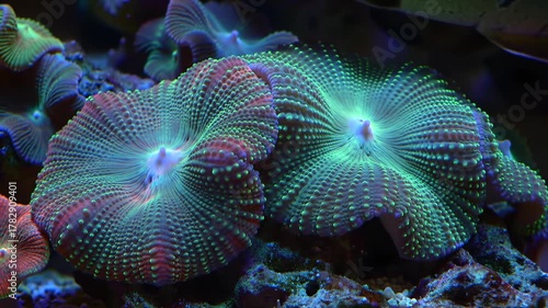 Vibrant and mesmerizing closeup of a disc coral also known as mushroom coral showcasing its intricate patterns and glowing bioluminescent colors under specialized aquarium lighting highlighting the d.