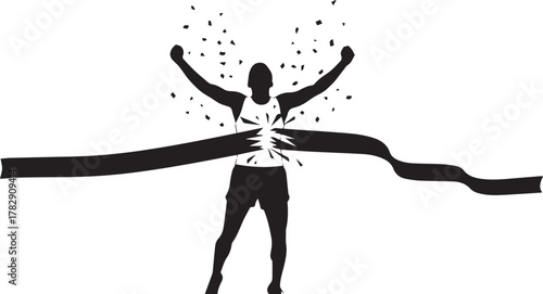 Runner crossing finish line in victory – bold black and white silhouette icon of achievement, success, and athletic triumph