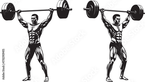 Athletes performing overhead barbell press – bold black and white silhouette icons of strength, fitness, and powerlifting
