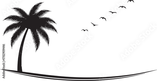 Palm tree with flying birds – bold black and white silhouette icon of tropical calm and natural beauty