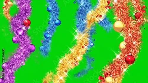 Vibrant Christmas Tinsel and Ornaments on Green Screen for Festive Holiday Celebrations and Party Backgrounds.