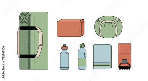 A set of yoga and fitness equipment icons, including a mat, block, cushion, water bottles, and towel.