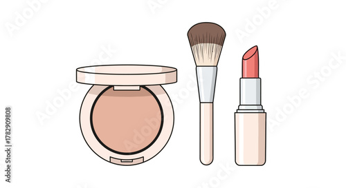 A simple illustrated set of makeup essentials including face powder, a brush, and lipstick.