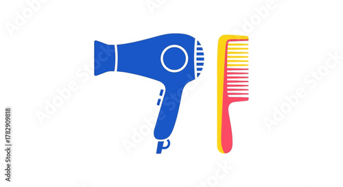 A simple graphic illustration of a blue hairdryer and a colorful yellow and pink comb for hairstyling.