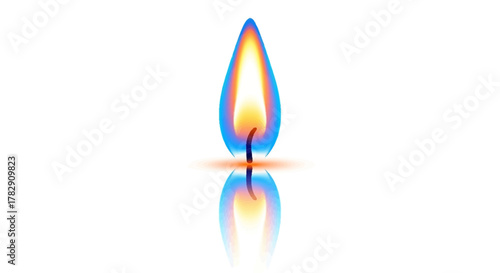 A single, vibrant candle flame with blue and orange hues and its perfect reflection.