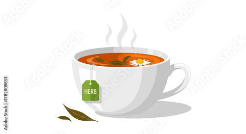 A steaming white cup of herbal tea with a chamomile flower and a tea bag.